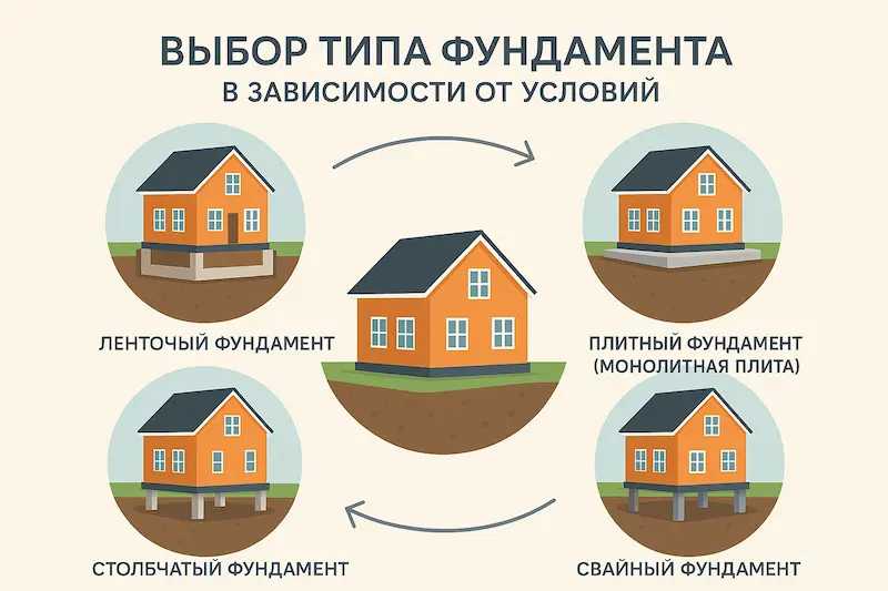 Схема, иллюстрирующая различные типы грунтов и их влияние на выбор типа фундамента для дома
